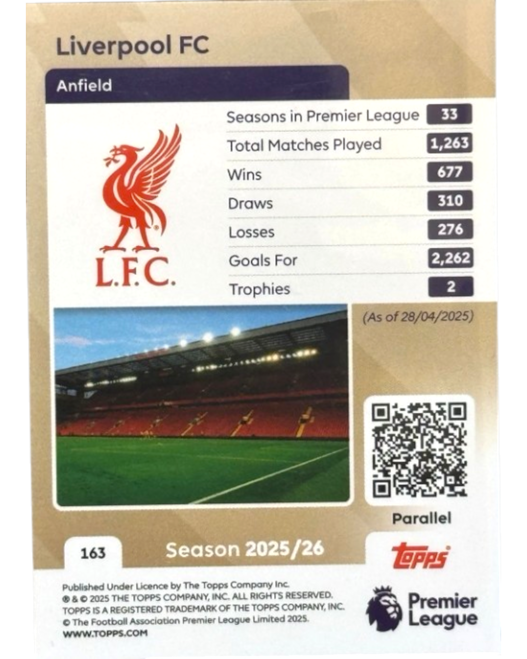 VaultifyUK 2025/26 Topps Premier League Liverpool FC Champions yellow parallel trading card back view