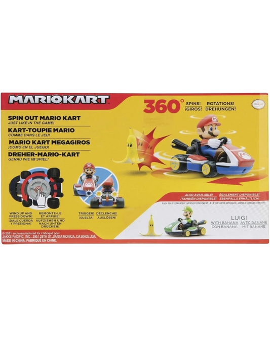VaultifyUK Nintendo Spin Out Mario Kart toy packaging showing Mario and Luigi figures with karts and banana accessories
