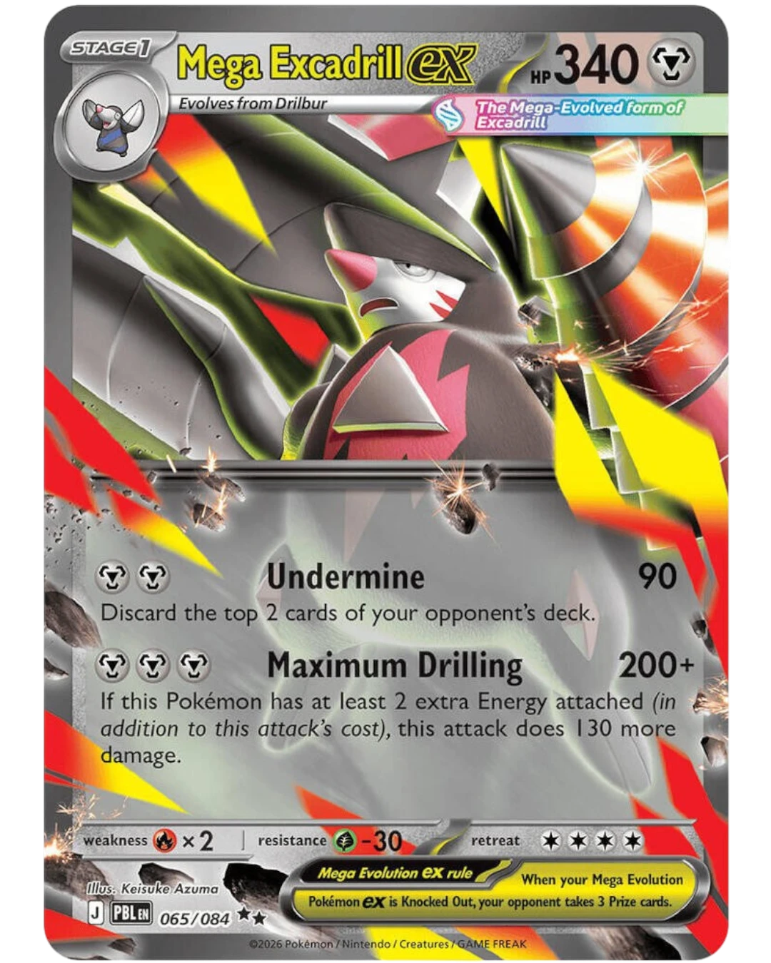 VaultifyUK Mega Excadrill ex 065/084 Pitch Black Metal-type Pokémon card with 340 HP and Keisuke Azuma artwork.