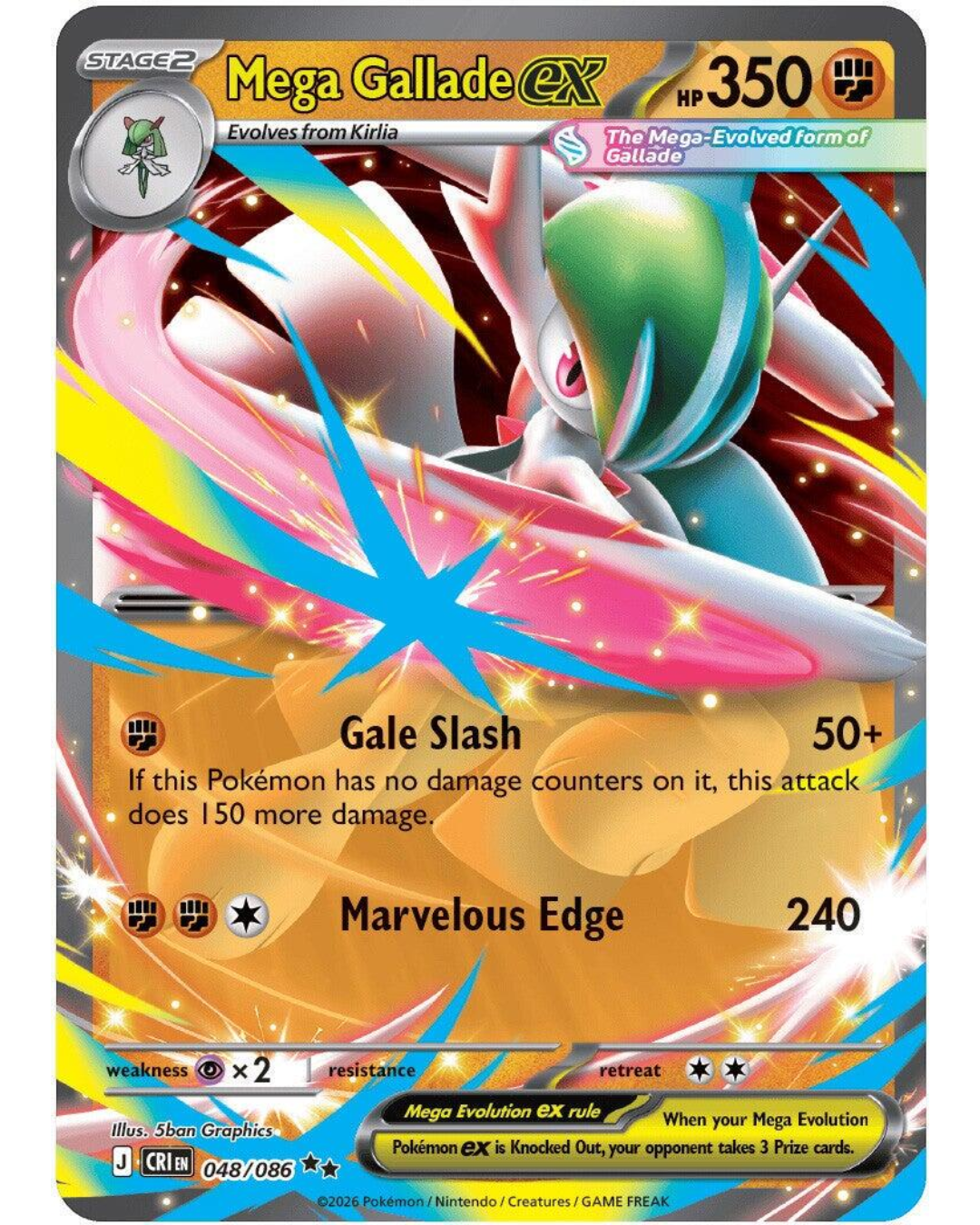 VaultifyUK Mega Gallade ex 048/086 Fighting-type Pokémon TCG card with extended art from the Chaos Rising set.