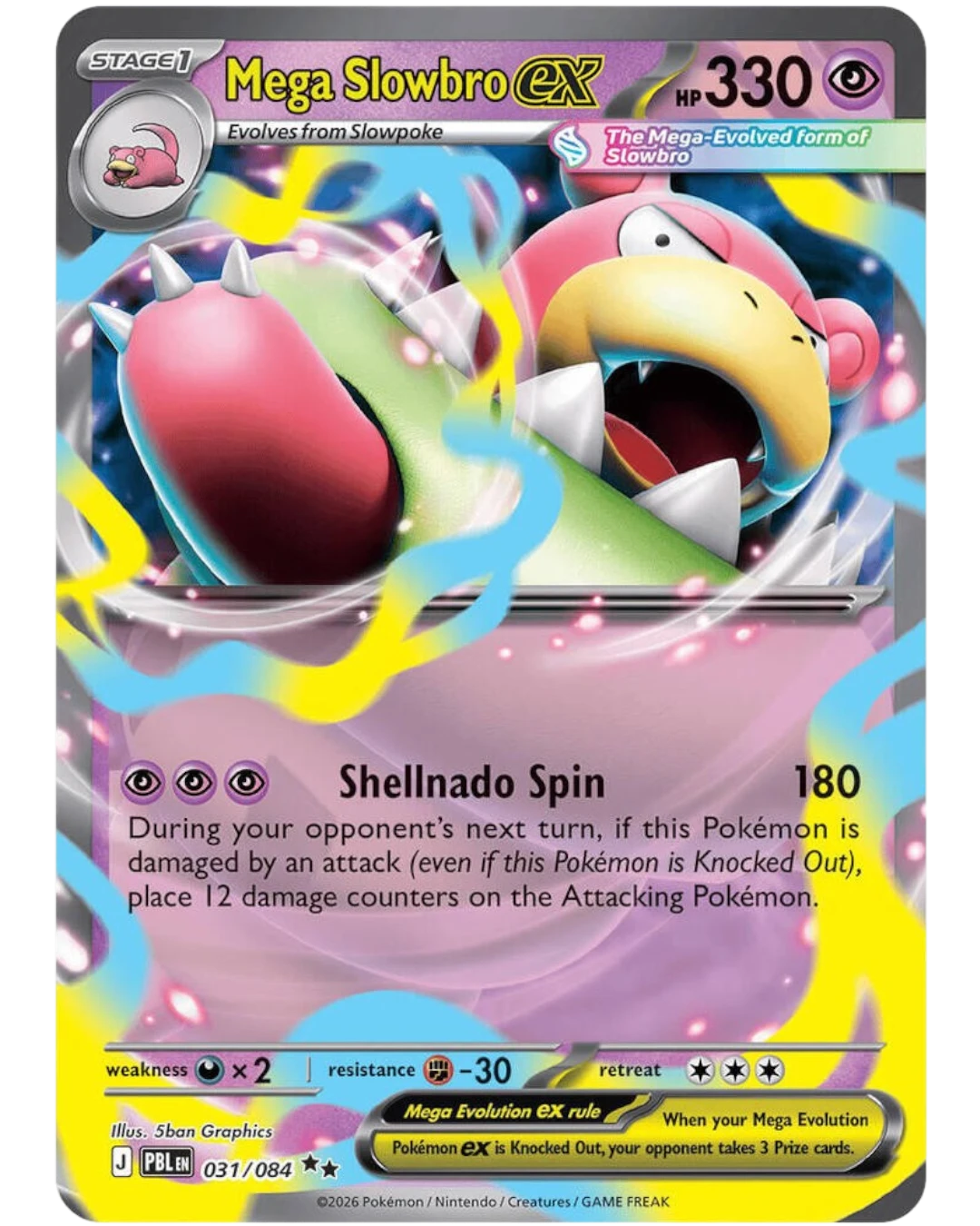 VaultifyUK Mega Slowbro ex 031/084 Psychic-type Pokémon trading card with 330 HP and vibrant 5ban Graphics artwork.