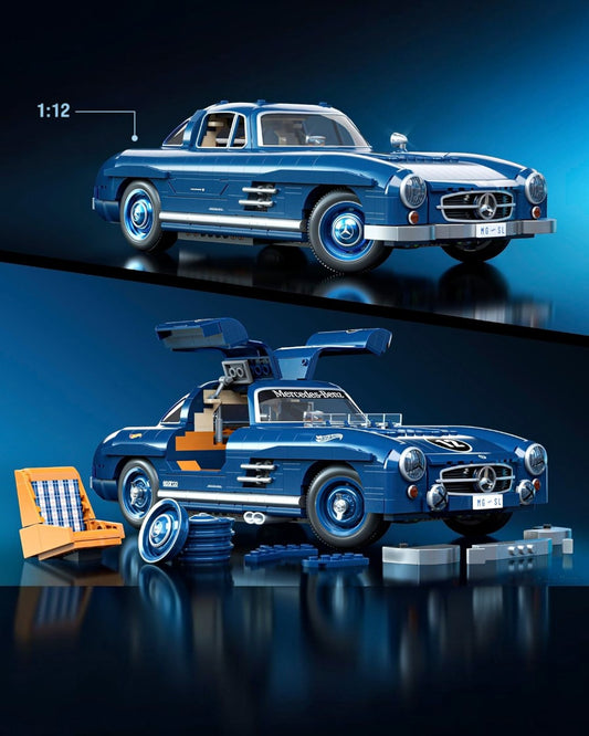 VaultifyUK Mattel Brick Shop Hot Wheels Mercedes-Benz 300 SL building set with gullwing doors and blue brick details.
