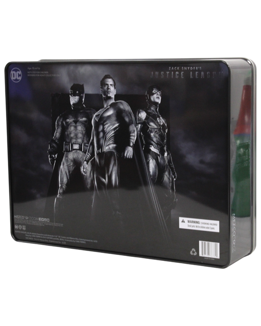 VaultifyUK Mezco DC Zack Snyder's Justice League Deluxe Steel Boxed Set featuring Batman, Superman, and The Flash.