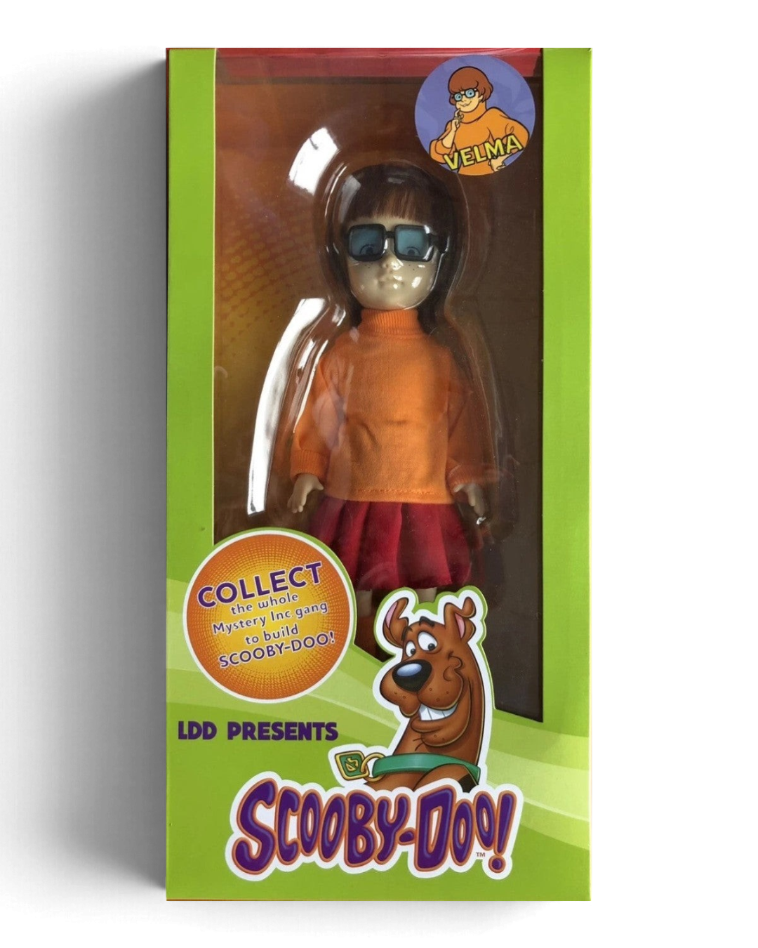 VaultifyUK Mezco Living Dead Dolls Velma figure in orange sweater and red skirt inside Scooby-Doo window display box