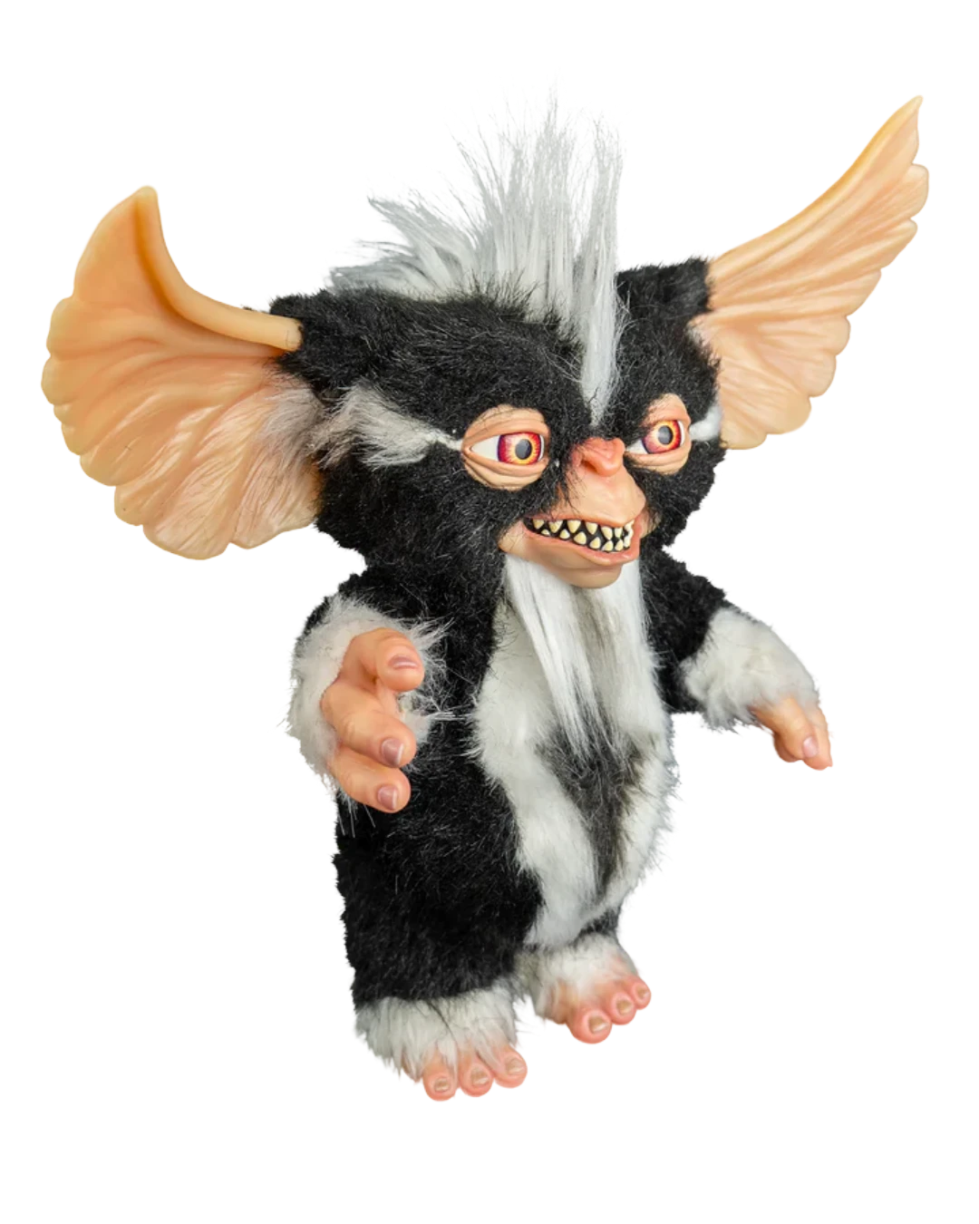 VaultifyUK 1:1 scale Mohawk Mogwai prop from Gremlins 2 with black and white faux fur, large ears, and menacing eyes.