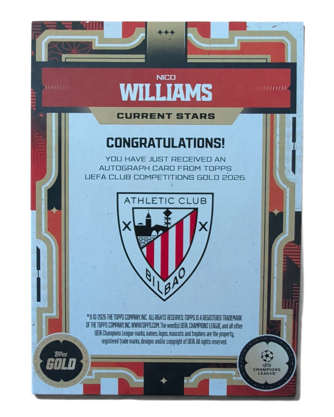 VaultifyUK Topps UCC Gold 2025/26 Nico Williams Current Stars orange autograph card back with Athletic Club crest