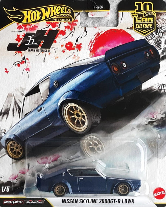 VaultifyUK Hot Wheels Premium Nissan Skyline 2000GT-R LBWK die-cast car in blue with gold wheels on blister card