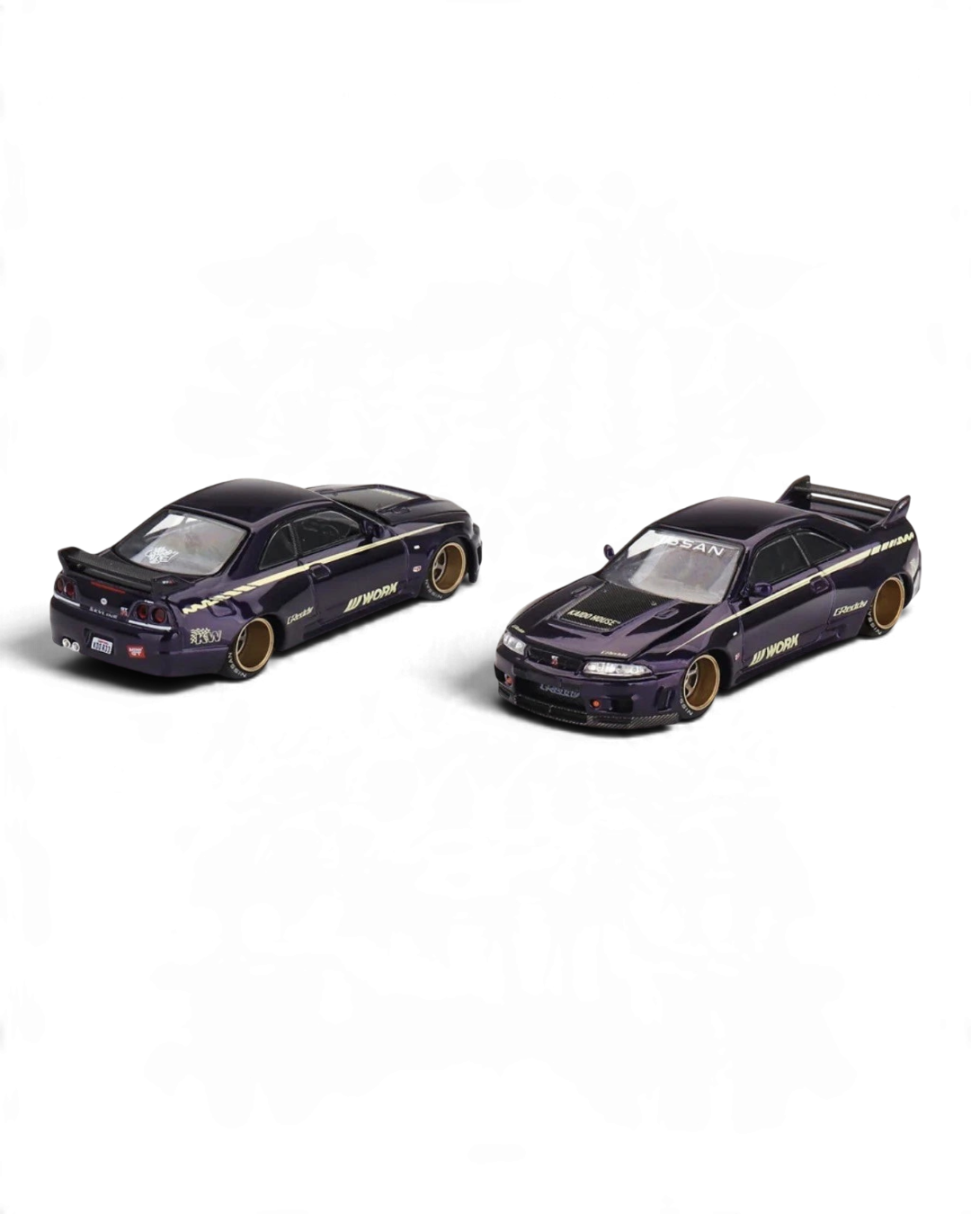 VaultifyUK Kaido House x MINI GT Nissan Skyline GT-R R33 Kaido Works V1 diecast model in purple with bronze wheels