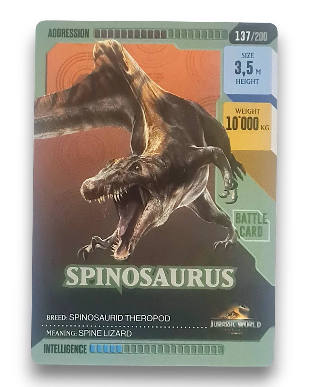 VaultifyUK Panini Jurassic World ROAR! Spinosaurus base card 137/200 featuring detailed dinosaur stats and artwork