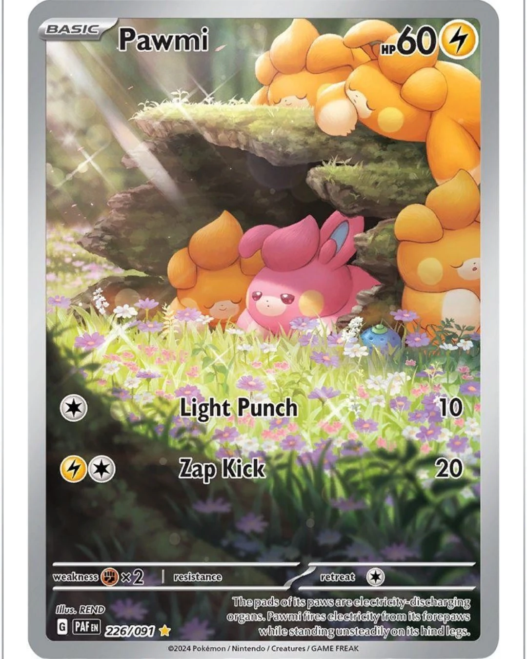 VaultifyUK Pokémon TCG Pawmi 226/091 Paldean Fates Illustration Rare card featuring vibrant full-art forest artwork.