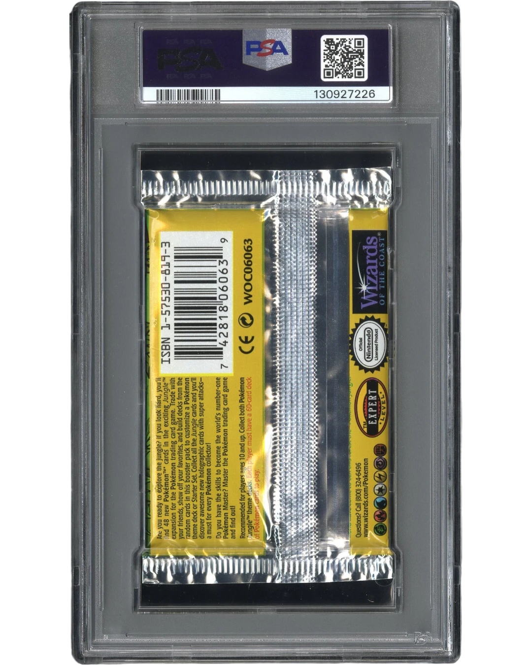 VaultifyUK PSA 7 graded 1st Edition Jungle Pokémon booster pack back view in a protective slab