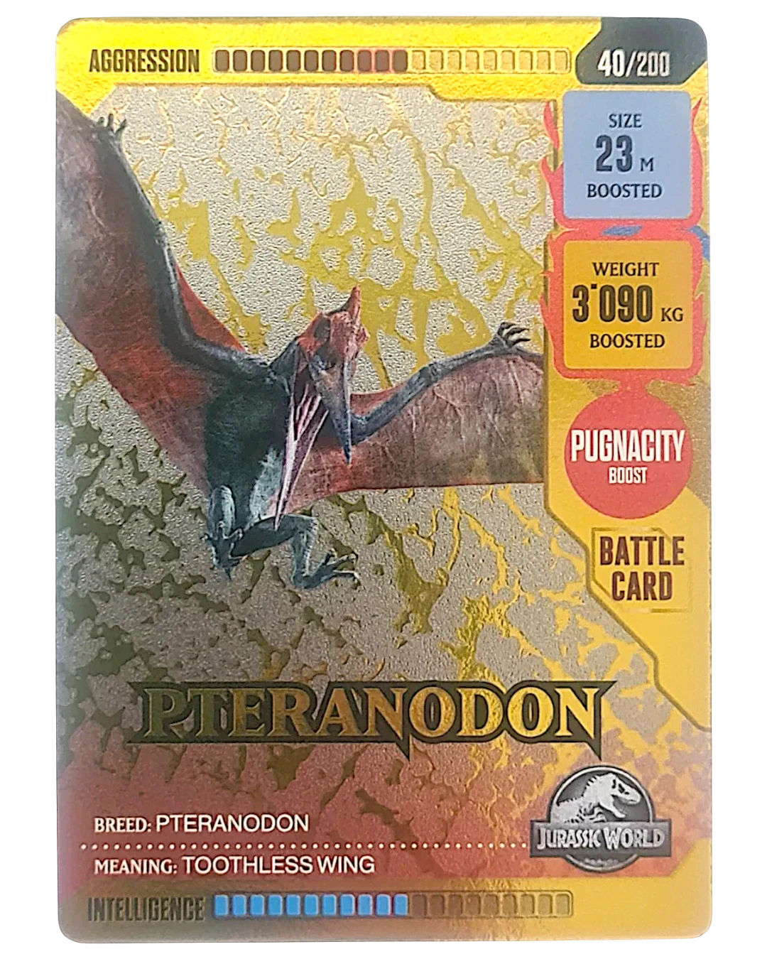 VaultifyUK Panini Jurassic World ROAR! Pteranodon 040/200 battle card with gold foil accents and dinosaur stats.