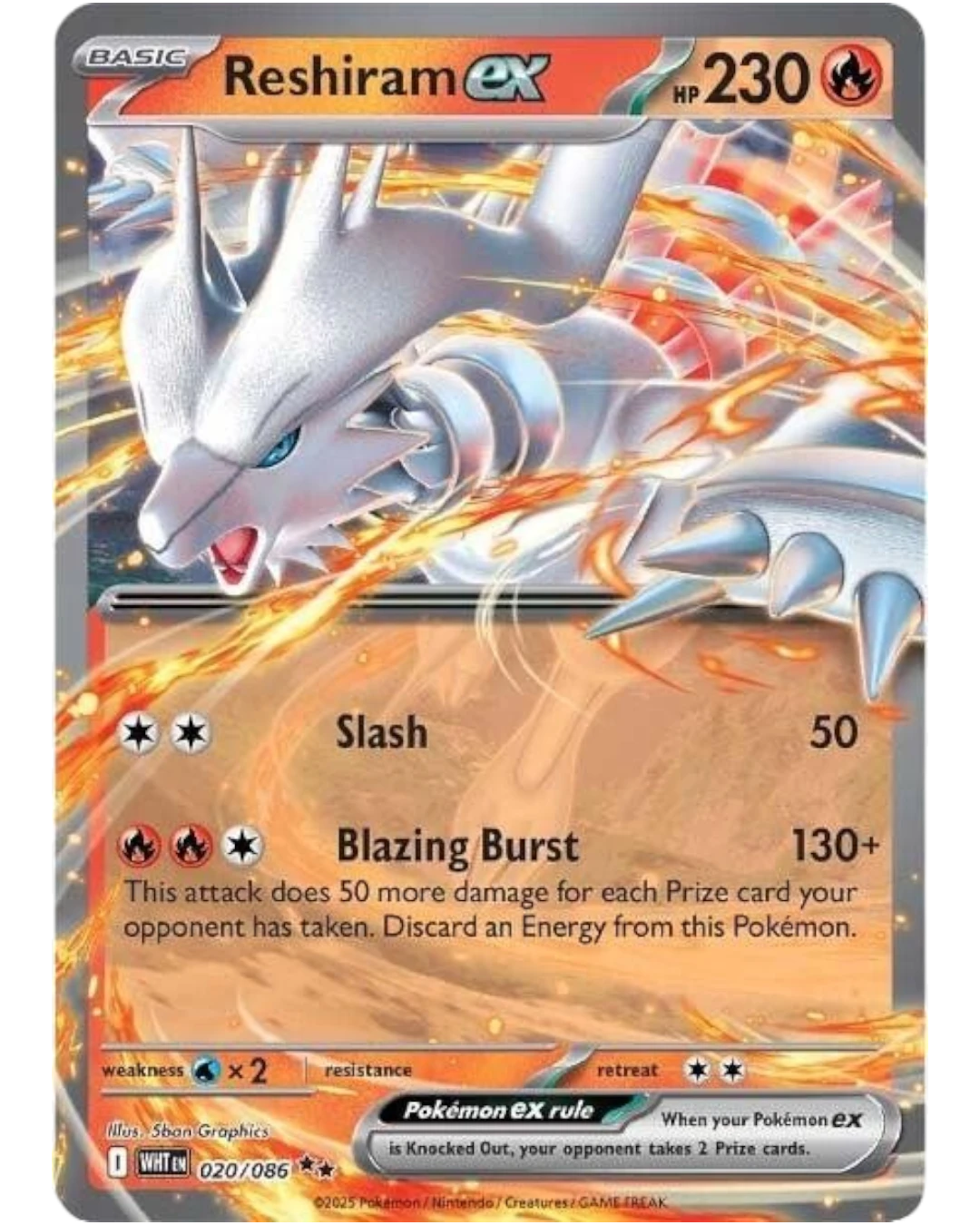 VaultifyUK Reshiram ex 20/86 holofoil trading card from the Scarlet and Violet White Flare expansion in near mint state