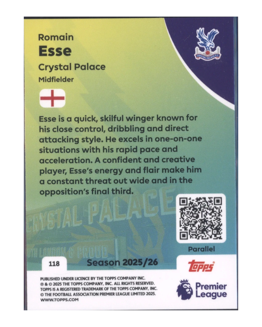 VaultifyUK Romain Esse 2025/26 Topps Premier League rookie card back featuring Crystal Palace player details