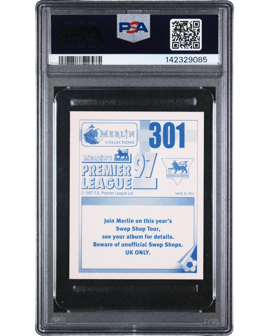 VaultifyUK 1996 Merlin Premier League Ryan Giggs #301 foil sticker back in a PSA 9 Mint graded slab