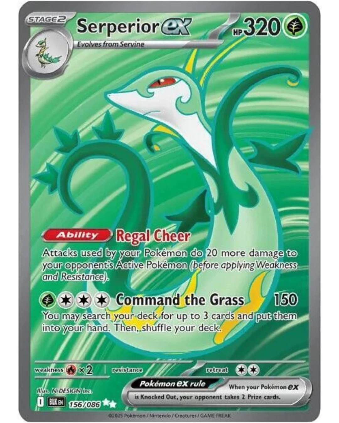 VaultifyUK Pokémon TCG Serperior ex 156/086 full-art card featuring elegant green serpentine design from Black Bolt