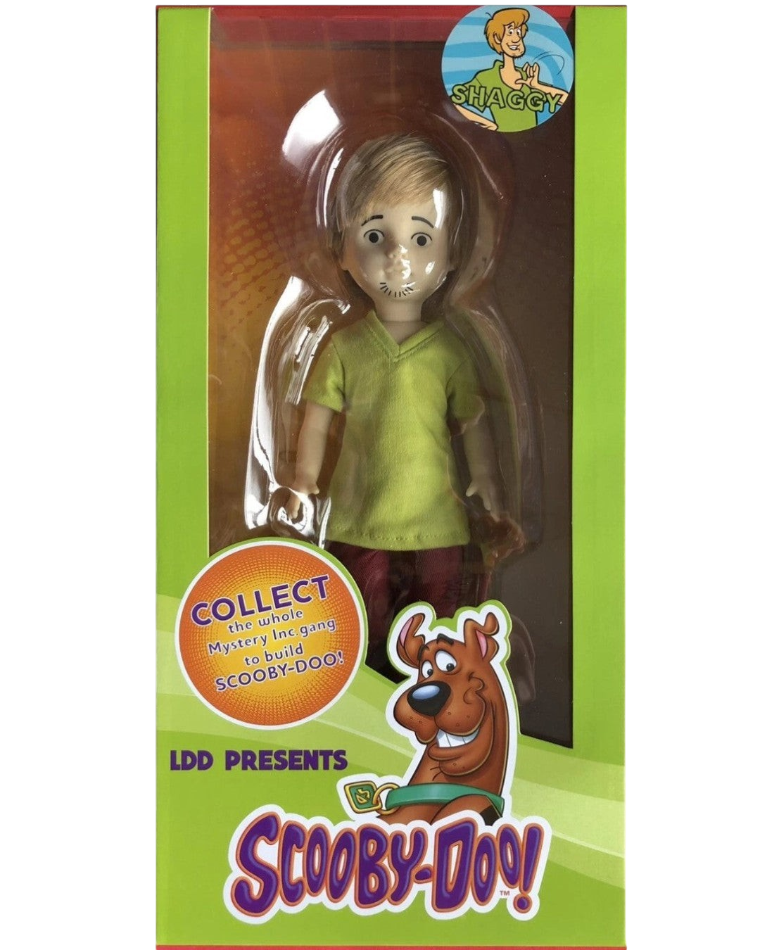 VaultifyUK Living Dead Dolls Shaggy figure in green shirt and brown pants inside a Scooby-Doo window display box