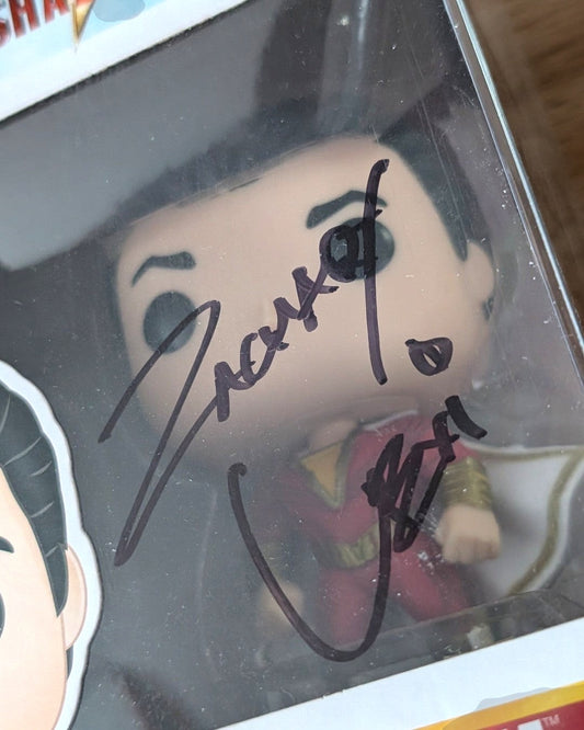 VaultifyUK Funko Pop Shazam #260 figure signed in black marker by Zachary Levi with JSA authentication on display box