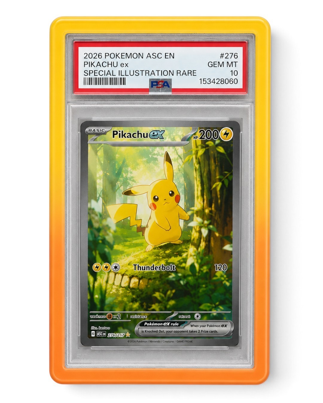 VaultifyUK Shield TPU bumper in a yellow to orange gradient protecting a PSA graded Pikachu Pokemon card slab.
