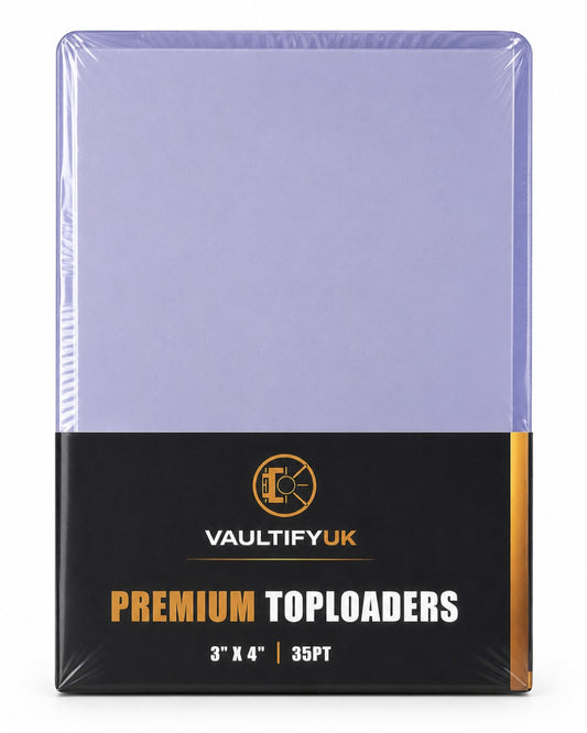 VaultifyUK Shield premium 35PT toploaders in a 25-pack, featuring clear rigid plastic for trading card protection.