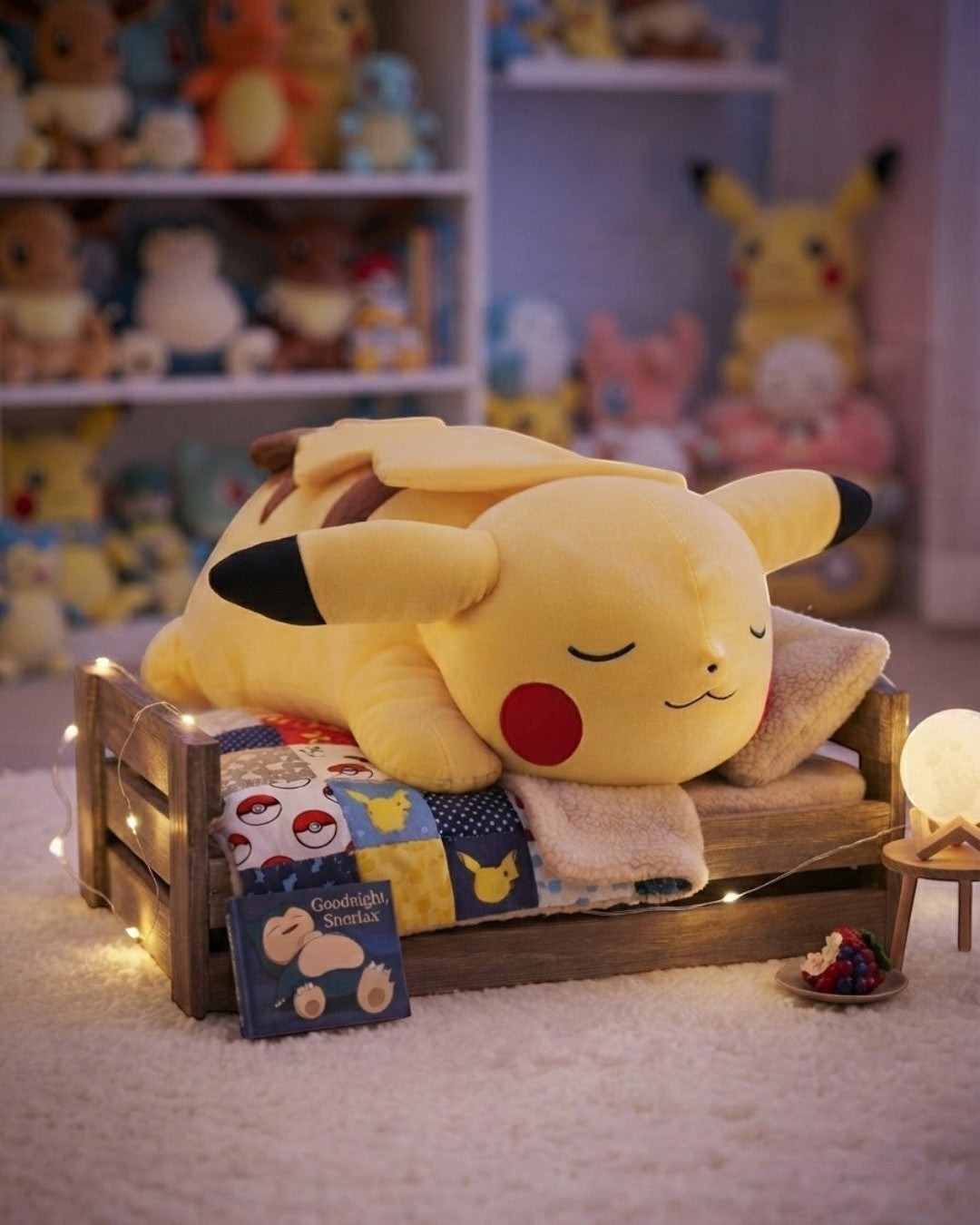 VaultifyUK 18-inch sleeping Pikachu plush toy resting on a miniature wooden bed with a patterned quilt and fairy lights