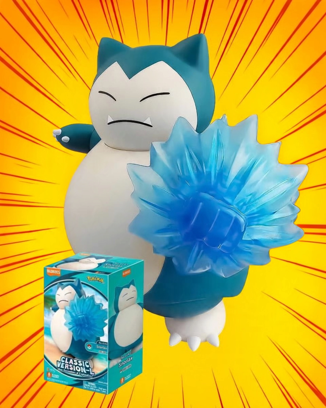 VaultifyUK Blokees Pokémon Snorlax model kit with a translucent blue energy wave effect and its display box.