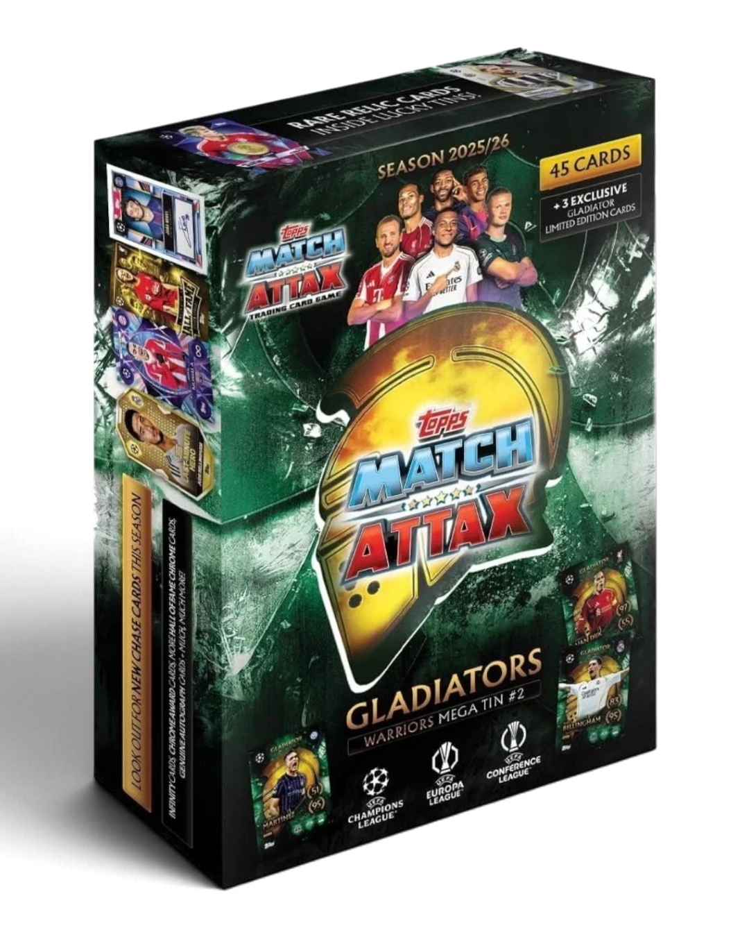 VaultifyUK Topps Match Attax 2025/26 Gladiators Warriors Mega Tin #2, green smoke design with Van Dijk, Bellingham and Lautaro Martínez Gladiator cards on the box