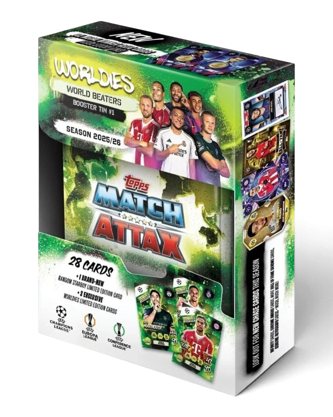 VaultifyUK Topps Match Attax 2025/26 Worldies World Beaters Booster Tin #1, lime-green graffiti design with Marmoush, Alexander-Arnold and Olise Worldies cards
