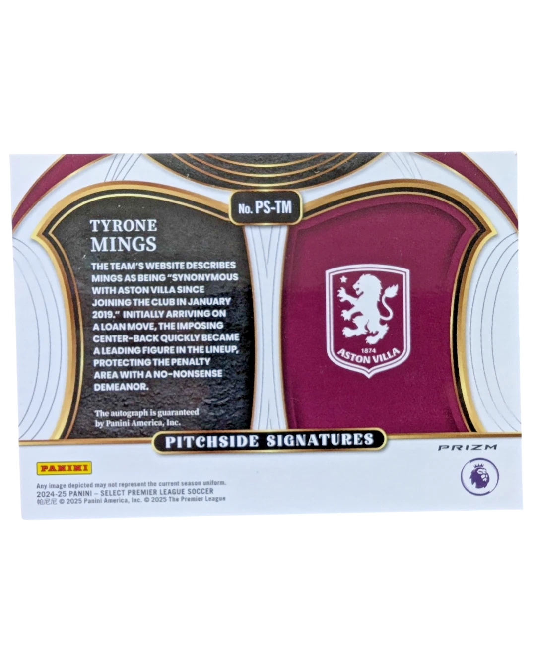VaultifyUK 2024/25 Panini Select Tyrone Mings Pitchside Signatures card back featuring Aston Villa team details
