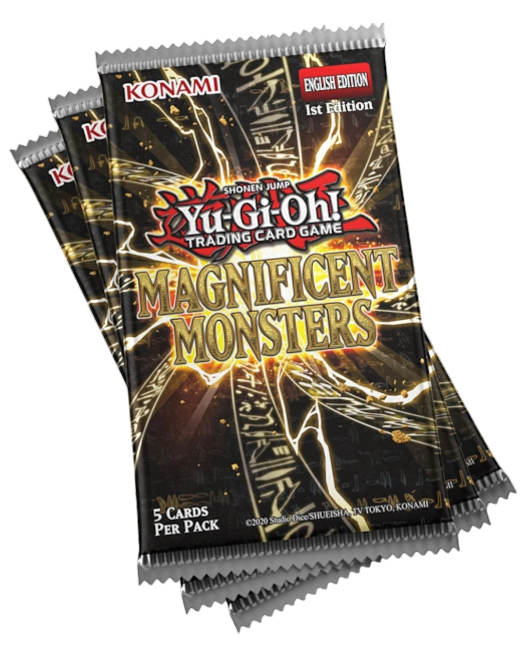 VaultifyUK Yu-Gi-Oh! Magnificent Monsters trading card booster packs with black and gold foil anime artwork