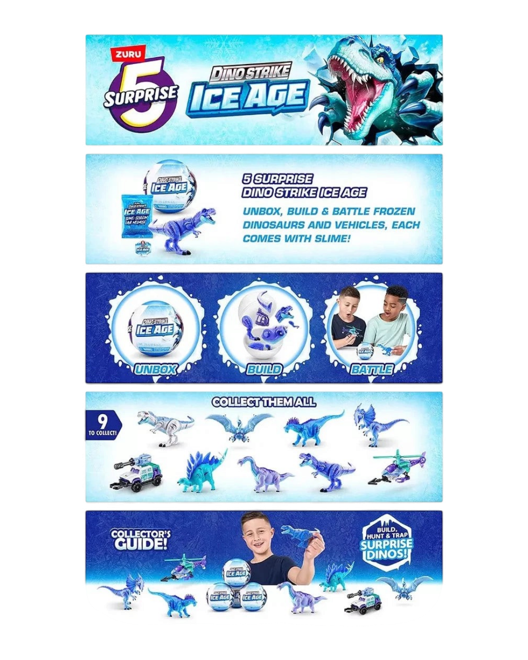 VaultifyUK ZURU 5 Surprise Dino Strike Ice Age capsule featuring buildable frozen dinosaur toys and slime accessories.