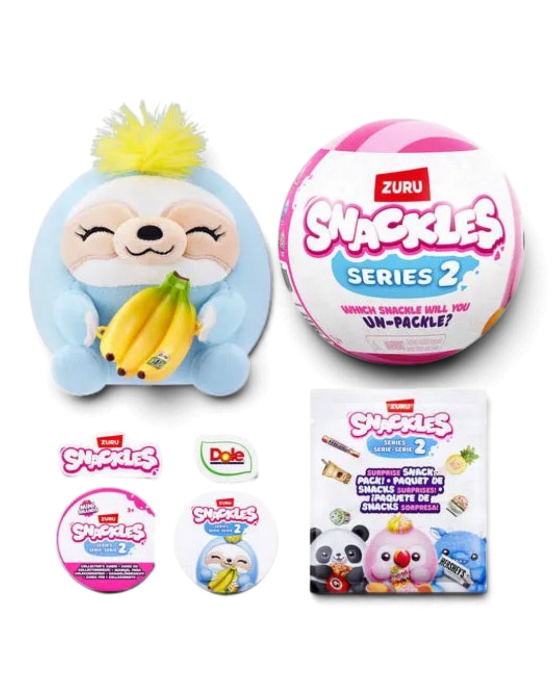 VaultifyUK ZURU Snackles Series 2 surprise capsule with a blue sloth plush toy holding a banana and snack stickers.