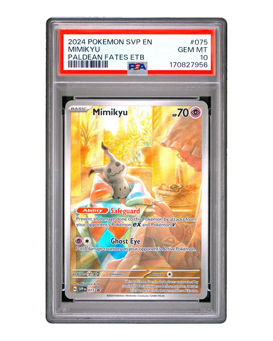 PSA 10 Gem Mint Mimikyu SVP 075 Paldean Fates ETB Promo graded slab, cert 170827956, front