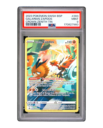 PSA 9 Mint Galarian Zapdos SWSH283 Crown Zenith Tin Promo graded slab, cert 170827960, front