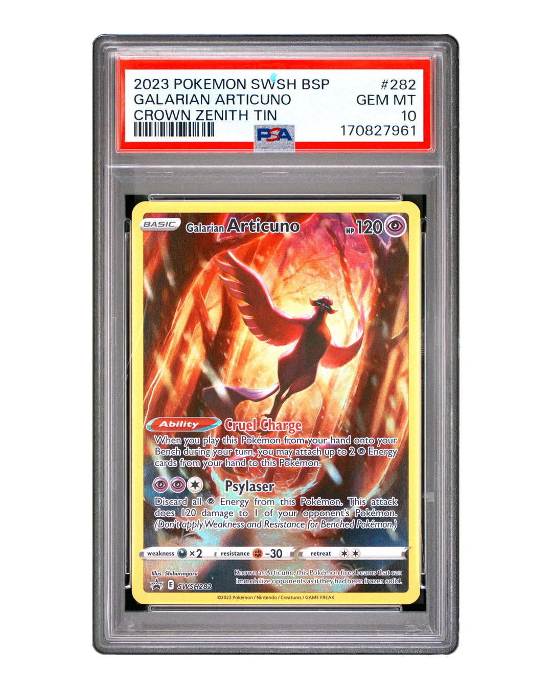 PSA 10 Gem Mint Galarian Articuno SWSH282 Crown Zenith Tin Promo graded slab, cert 170827961, front