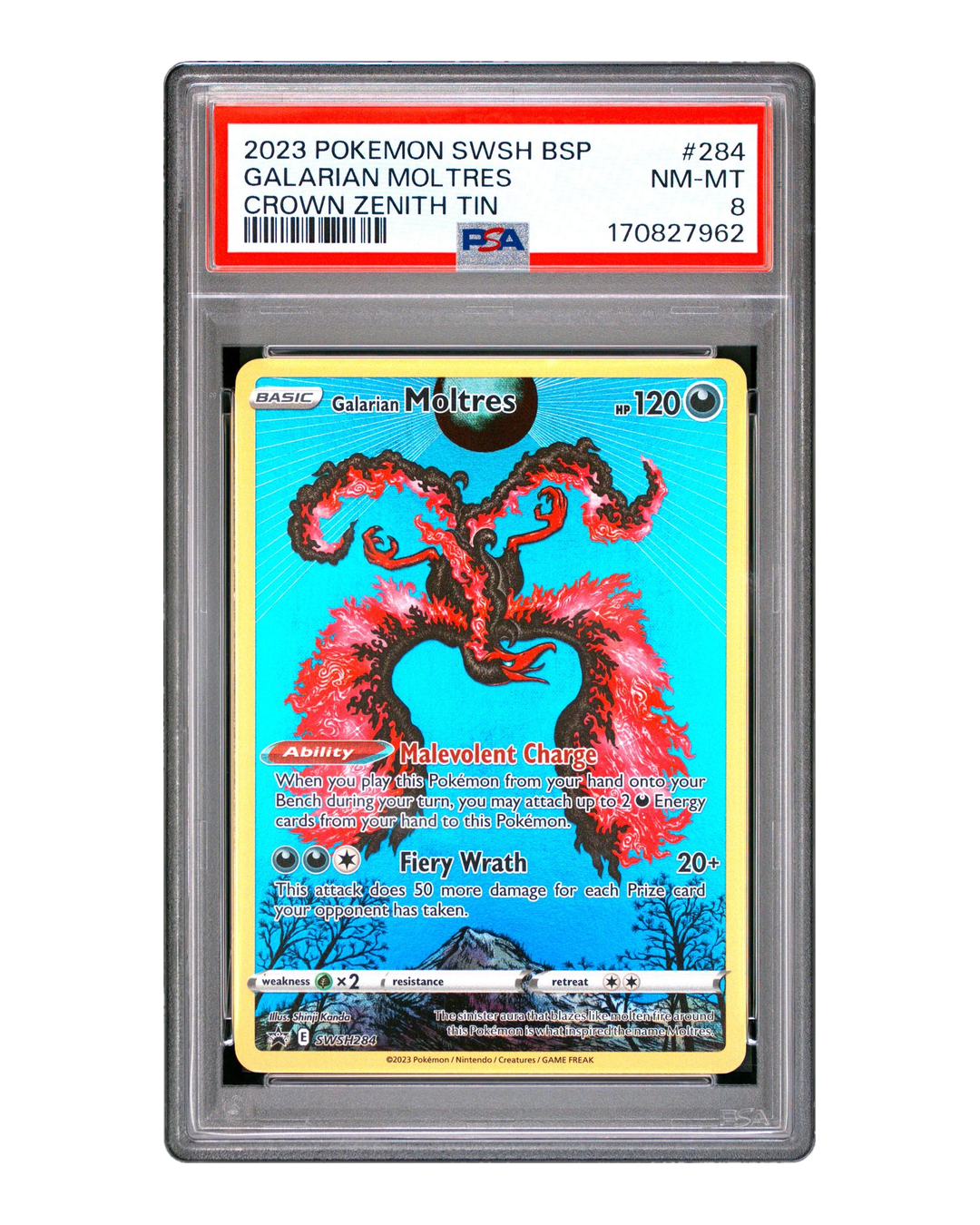 PSA 8 NM-MT Galarian Moltres SWSH284 Crown Zenith Tin Promo graded slab, cert 170827962, front