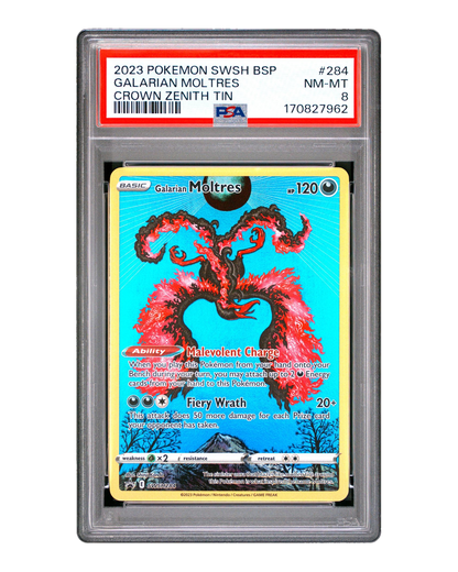PSA 8 NM-MT Galarian Moltres SWSH284 Crown Zenith Tin Promo graded slab, cert 170827962, front