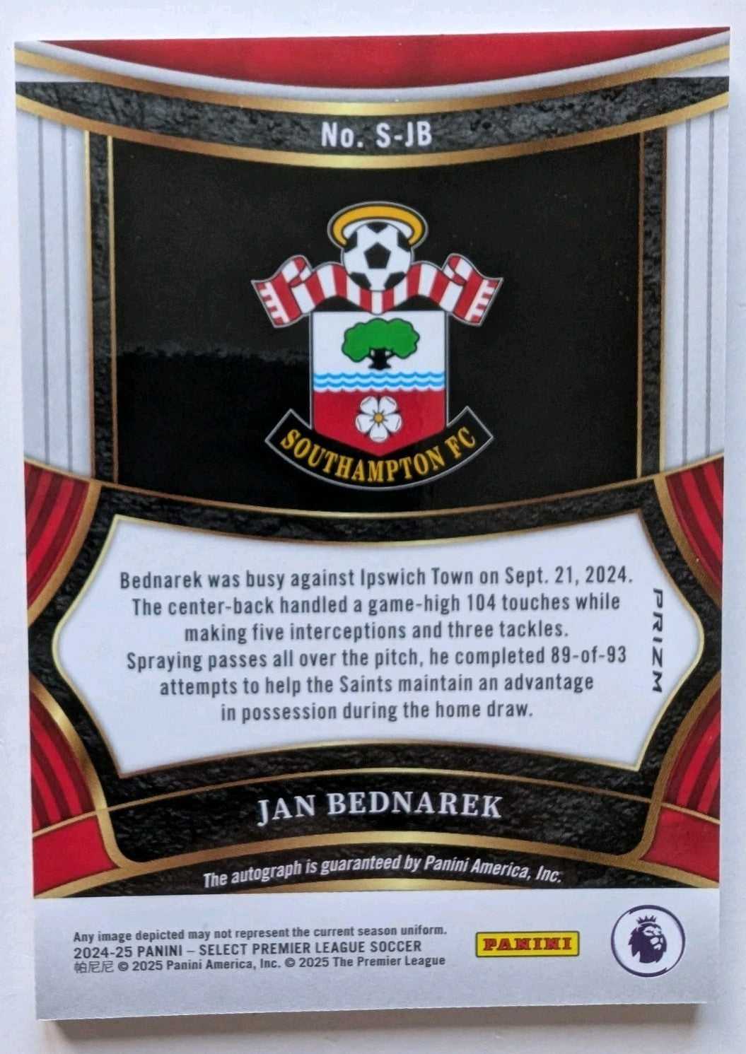 2024/25 Panini Select PL - Jan Bednarek – Southampton – Auto Prizm - NM1