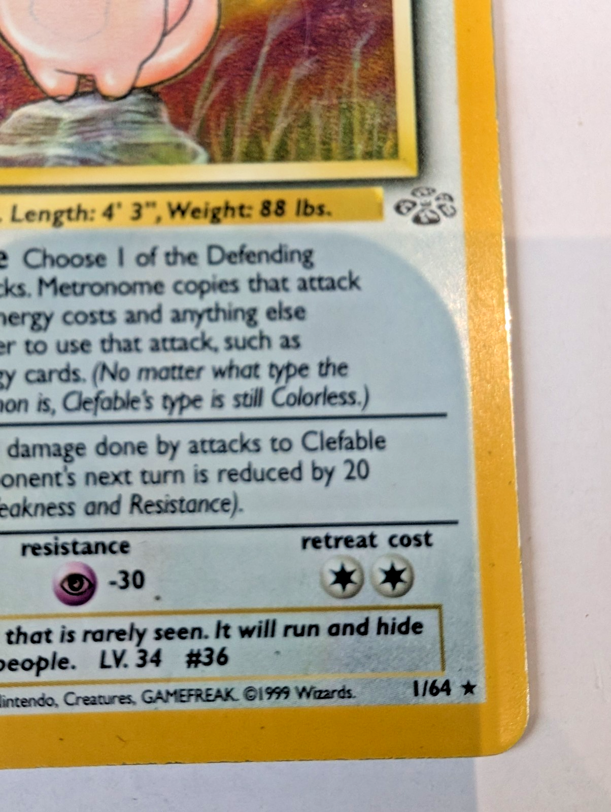 Clefable Pokémon Card 1/64 Jungle Holo Rare, Unlimited, MP Condition4