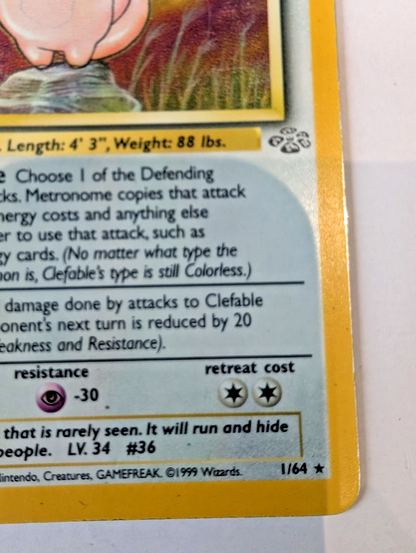 Clefable Pokémon Card 1/64 Jungle Holo Rare, Unlimited, MP Condition4