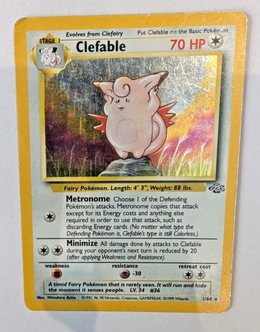 Clefable Pokémon Card 1/64 Jungle Holo Rare, Unlimited, MP Condition1
