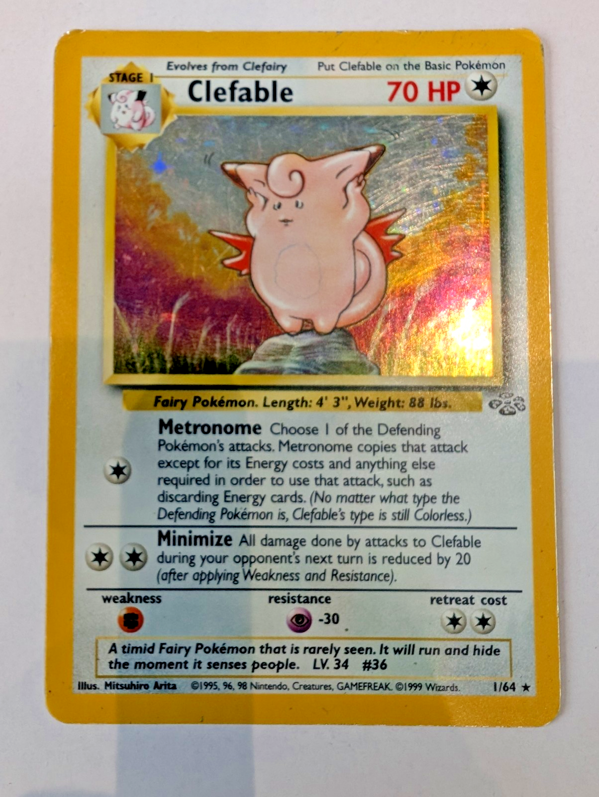 Clefable Pokémon Card 1/64 Jungle Holo Rare, Unlimited, MP Condition0