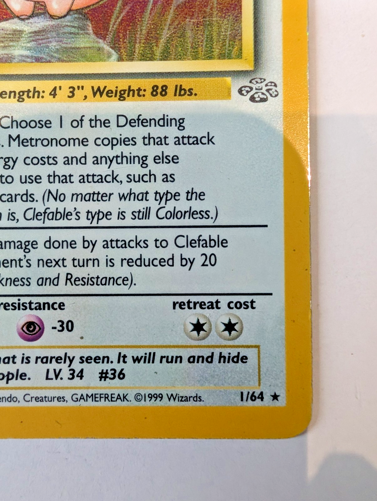 Clefable Pokémon Card 1/64 Jungle Holo Rare, Unlimited, MP Condition7