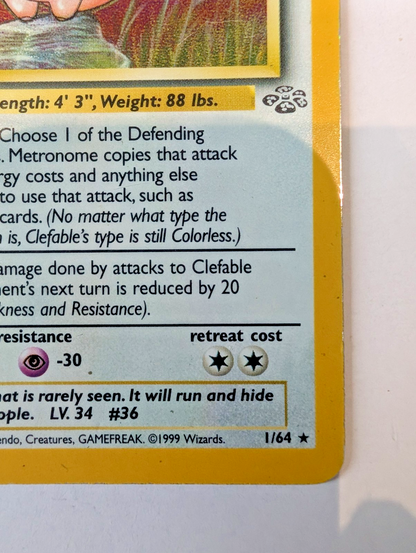 Clefable Pokémon Card 1/64 Jungle Holo Rare, Unlimited, MP Condition7