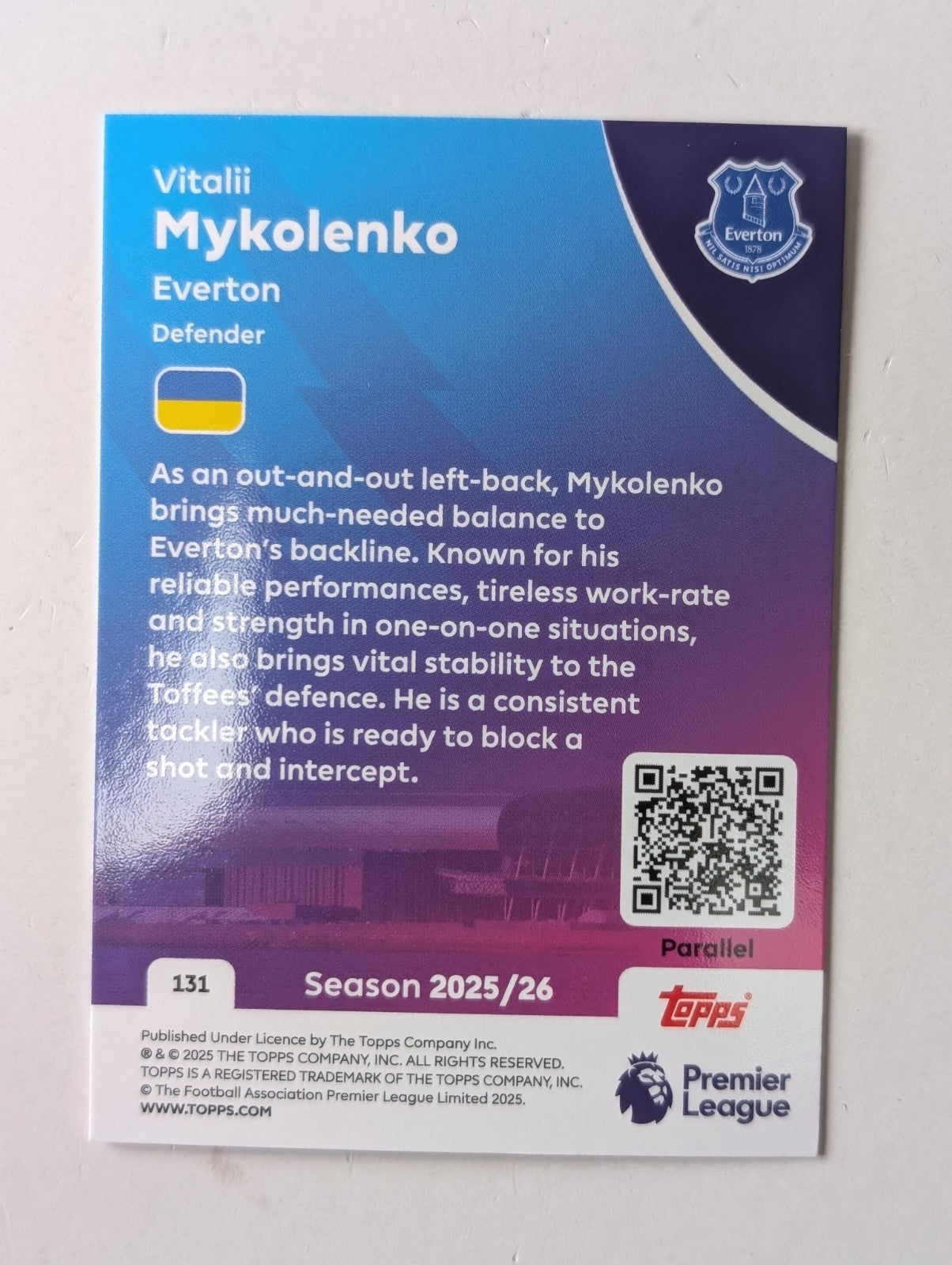 Topps Premier League 2025/26 - Vitalii Mykolenko - Everton - Aqua Mojo /499 - NM2