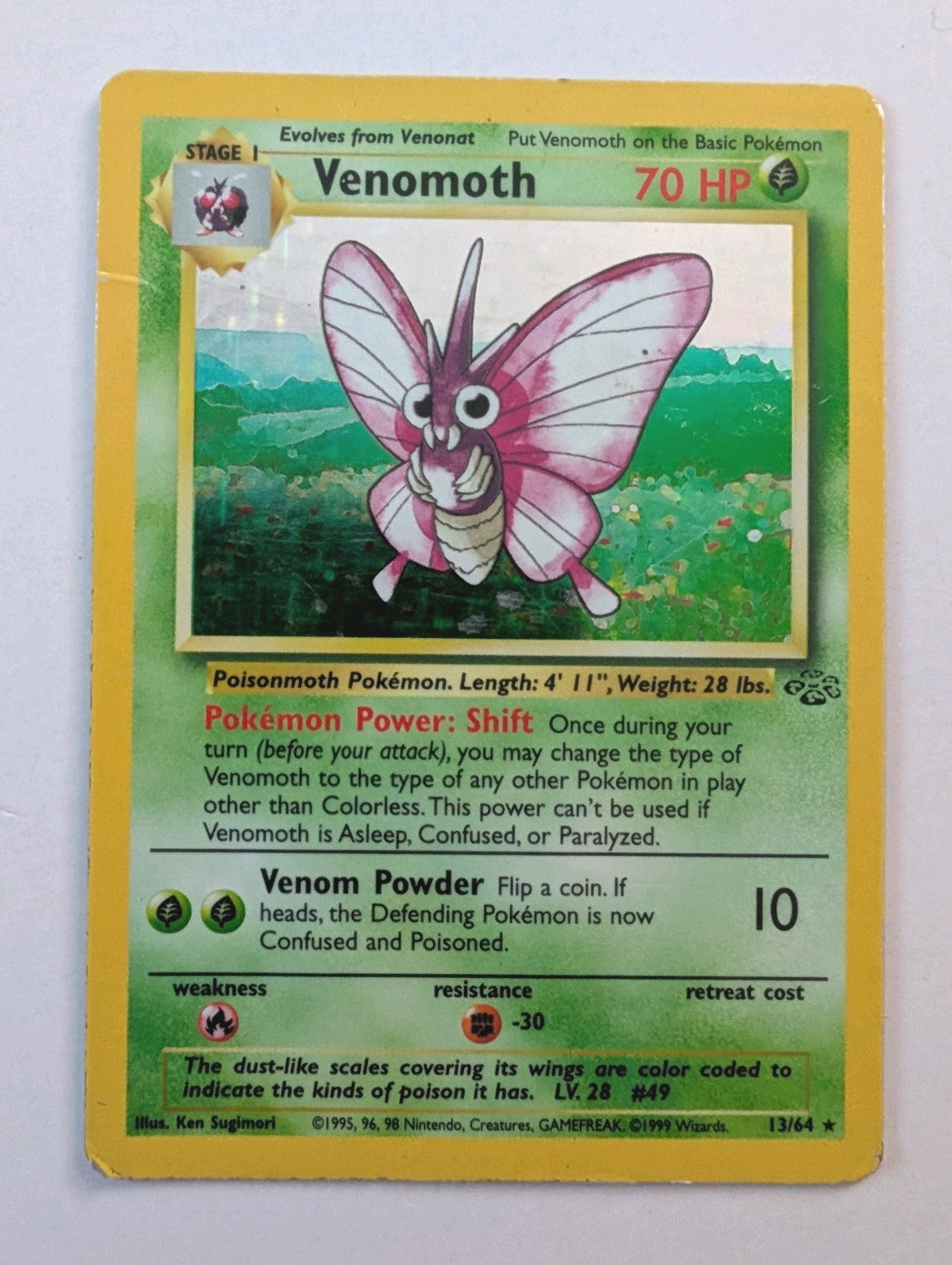 Venomoth Pokémon Card 13/64 Jungle Holo Rare, Unlimited, MP Condition0