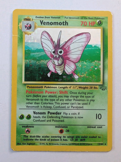 Venomoth Pokémon Card 13/64 Jungle Holo Rare, Unlimited, MP Condition0