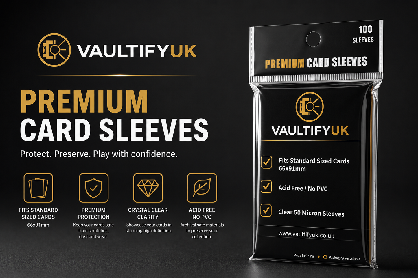 VaultifyUK Shield | Premium Card Sleeves | 66x91mm (100 Pack)