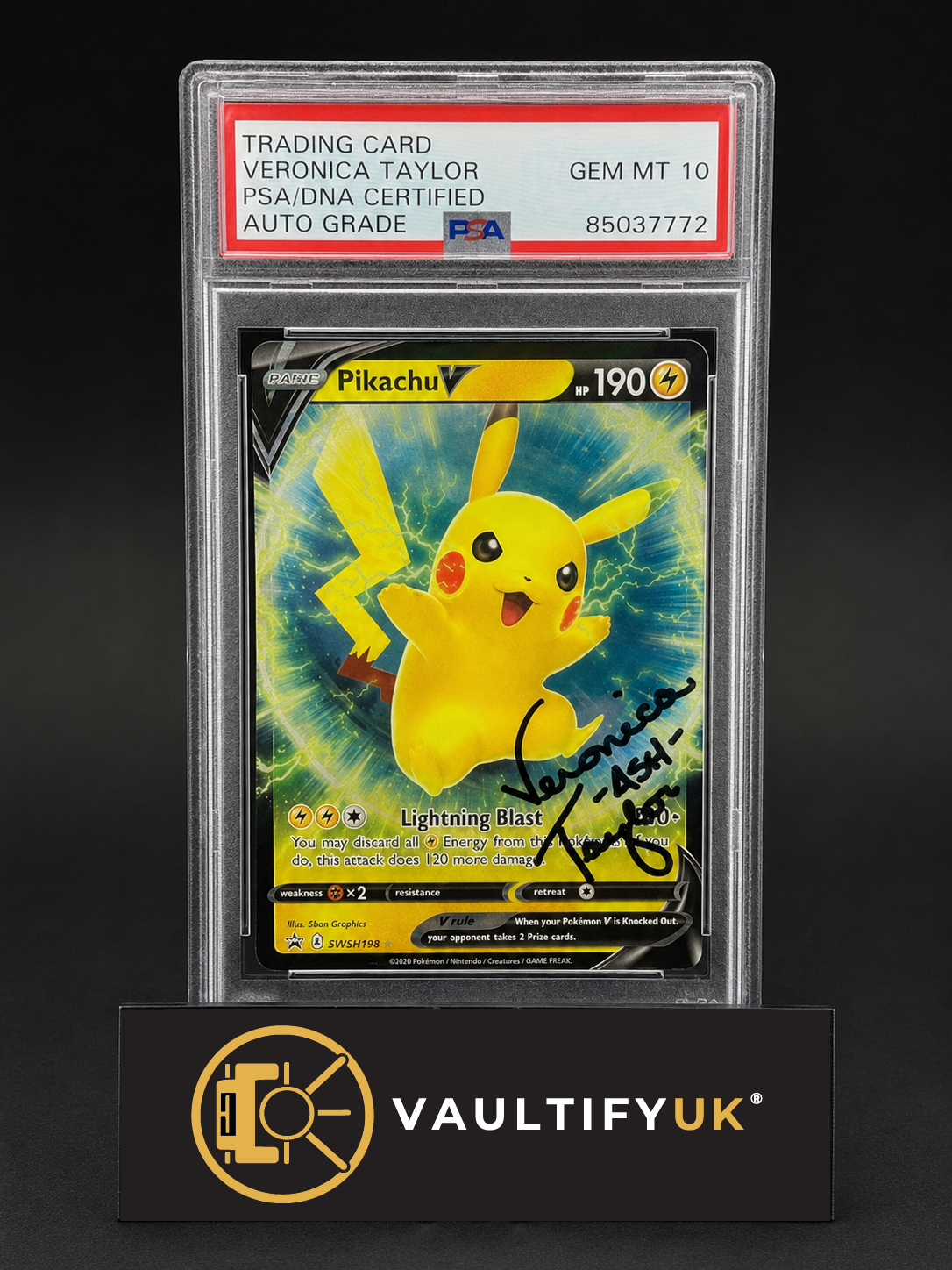 2020 Pokémon TCG | Pikachu V Promo SWSH198 | Veronica Taylor Signed | PSA/DNA Auto 10