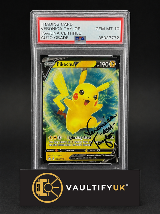 2020 Pokémon TCG | Pikachu V Promo SWSH198 | Veronica Taylor Signed | PSA/DNA Auto 10